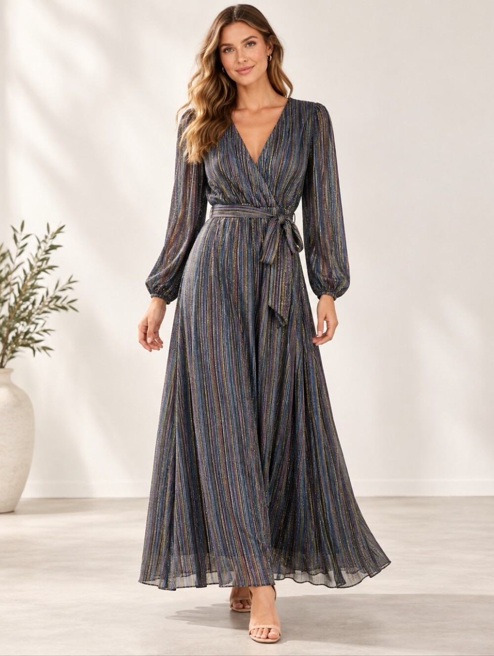 Willa Story Metallic Rainbow Stripe Lurex Belted Maxi Dress Medium
